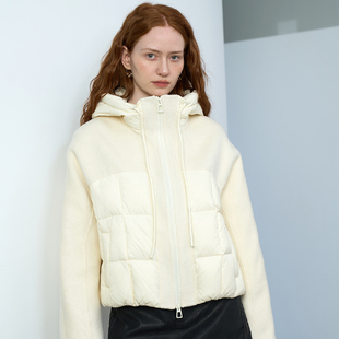 PATAVINITY连帽双面羊绒拼接白鸭绒外套女士冬季拉链休闲短羽绒服