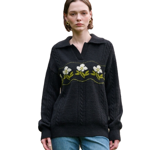 PATAVINITY提花翻领针织衫女秋冬洋气减龄套头打底毛衣高级感上衣