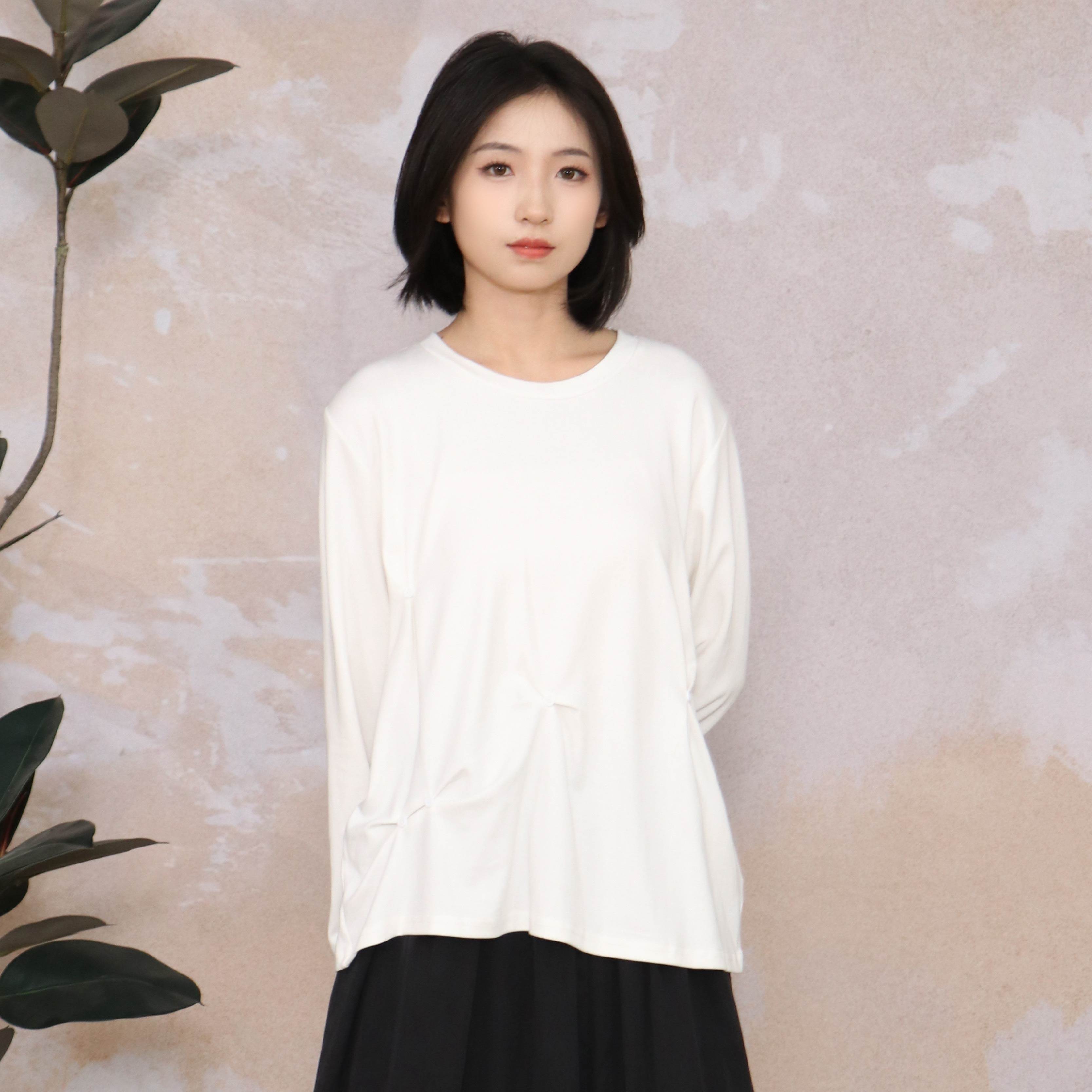 PATAVINITY宽松显瘦百搭圆领长袖衬衫女秋季设计感小众不规则上衣