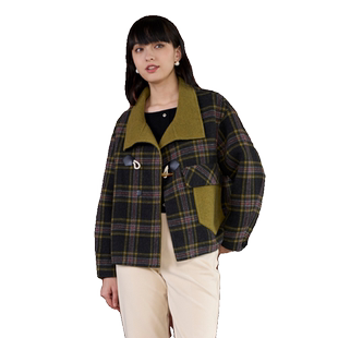 PATAVINITY牛角扣贴袋格纹双面绒大衣女冬季绵羊毛保暖毛呢外套