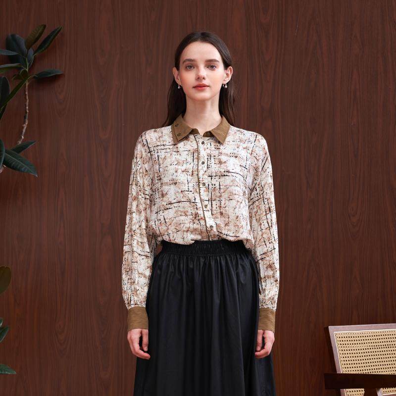 复古花色拼接撞色翻领印花长袖衬衫