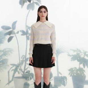 PATAVINITY翻领撞色肌理小清新毛衣女春秋条纹上衣显瘦针织套头衫