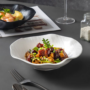 高颜值陶瓷釉下彩盘子异形盘简约石纹深盘荷口碗装菜盘沙拉碗深碗