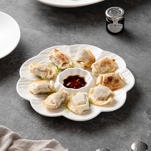 白色陶瓷饺子盘带醋碟家用水饺盘专用分格盘虾盘子早餐菜盘薯条盘