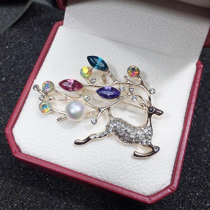 Xmas Colorful Crystal Reindeer Deer Brooch for Women Cute