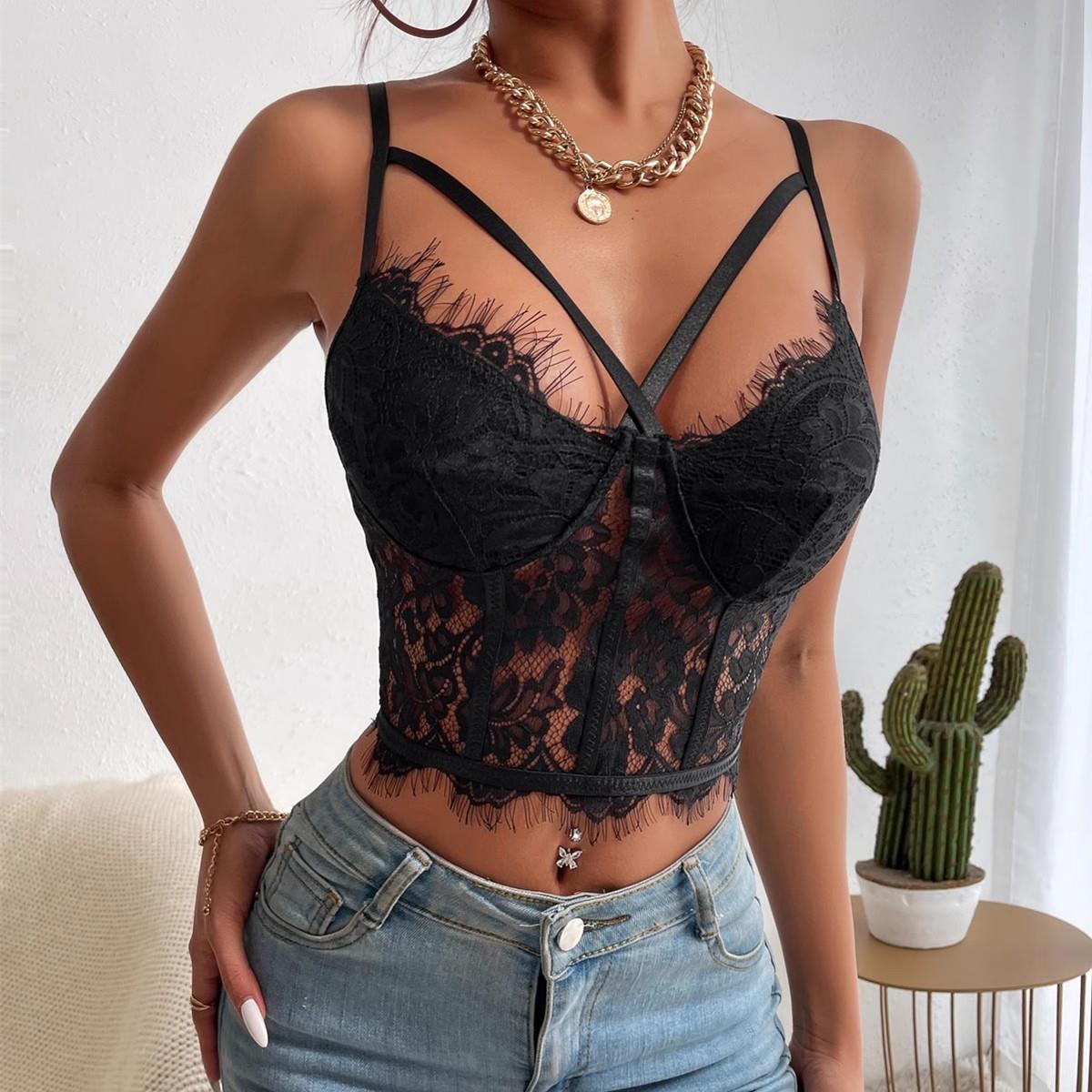 Women Summer Corset Top Spaghetti Lace Hollow Out Vest Crop