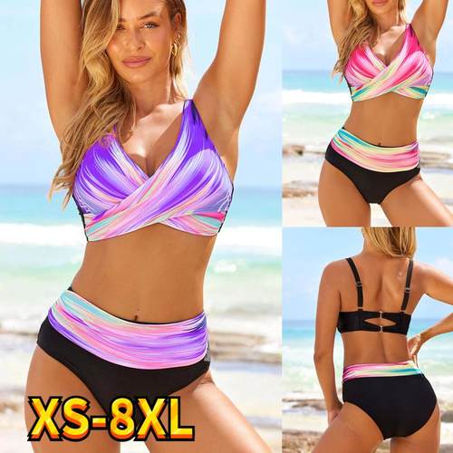 Women Sexy High Waist Rainbow Print Bikini Set Female Plus