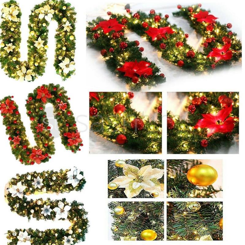 9FT PreLit Christmas Garland W/Lights Door Wreath Xmas Party