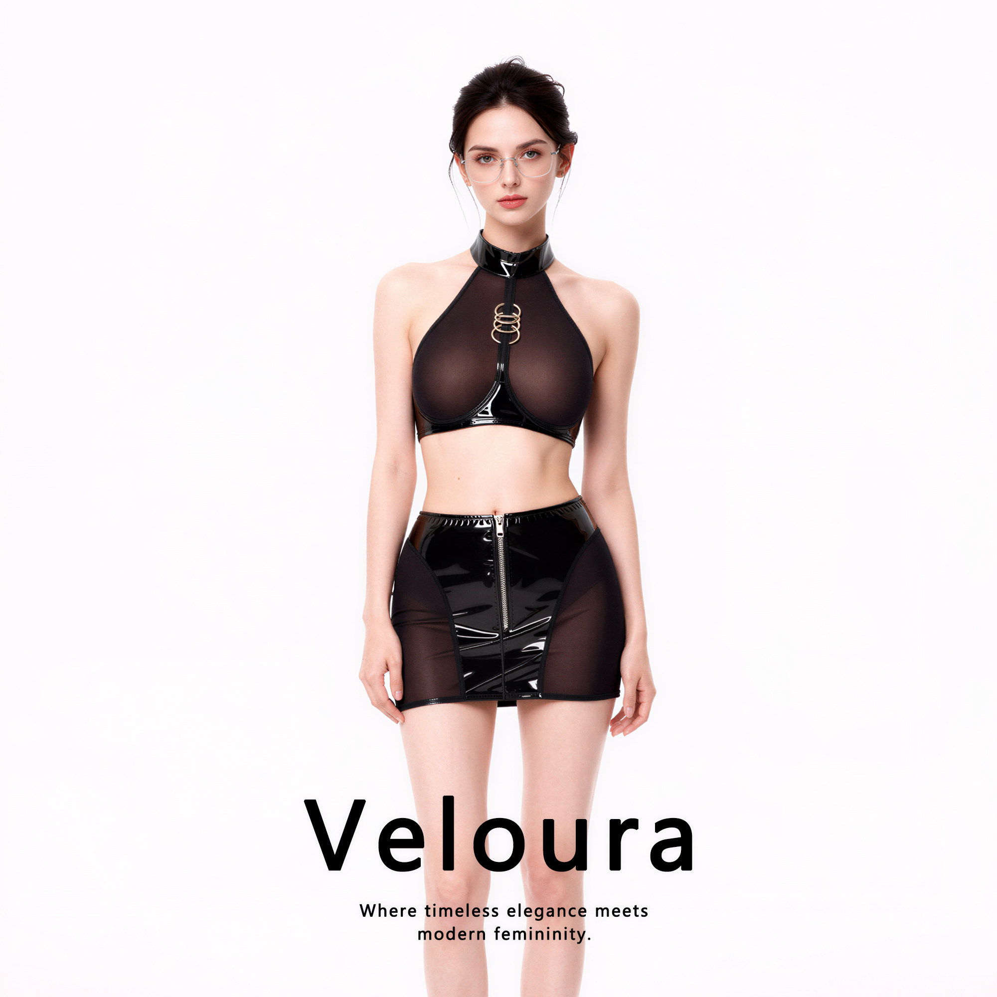 法国 Veloura 春眸潋滟*机车辣妹风制服透视网纱亮皮挂脖包臀短裙