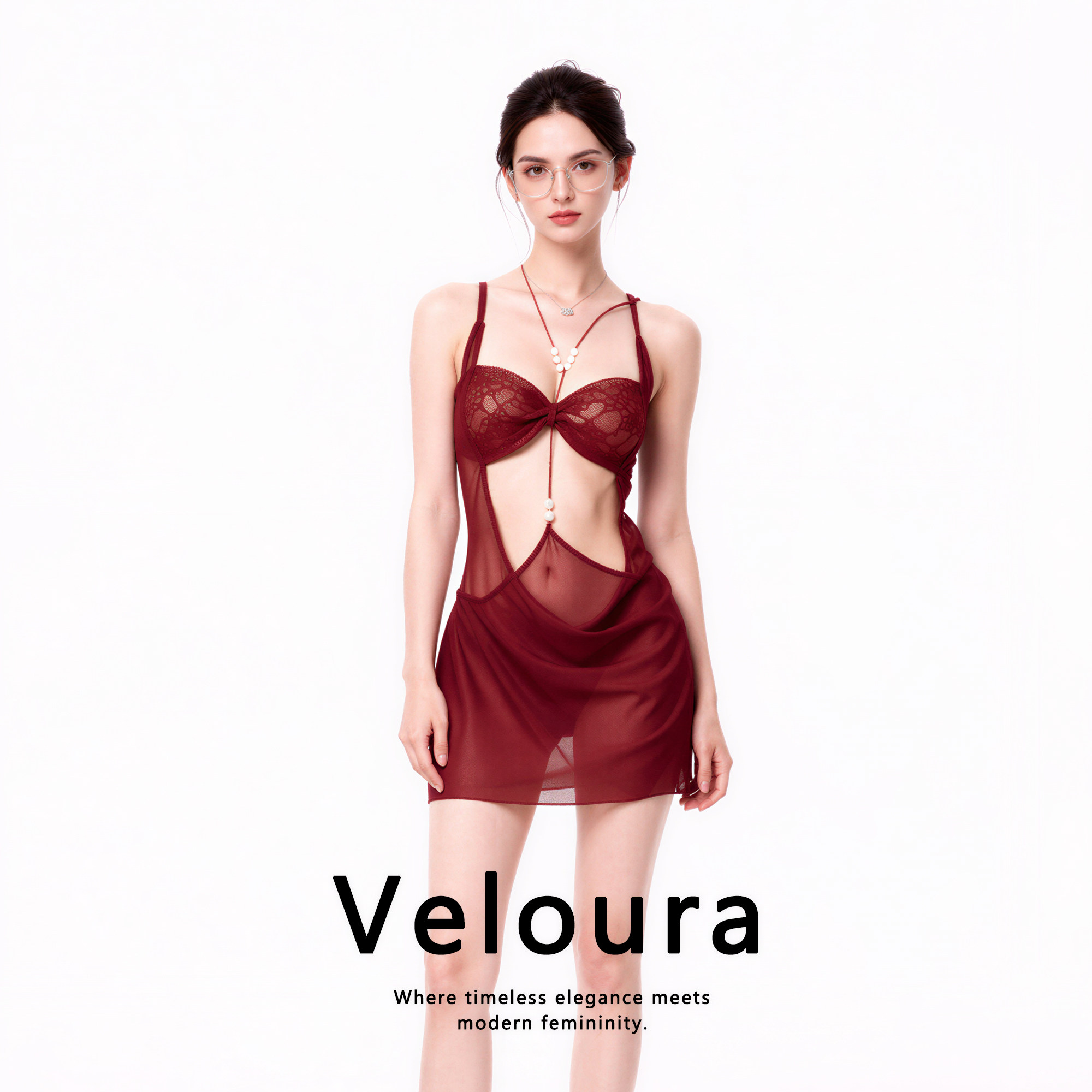 法国 Veloura胭红雾纱*睡裙辣妹风网纱透视裙显瘦吊带居家情调女