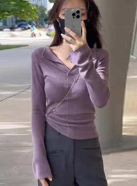 速发紫色v领针织衫2024新款打款秋冬季内系爆底衫韩搭长袖上衣