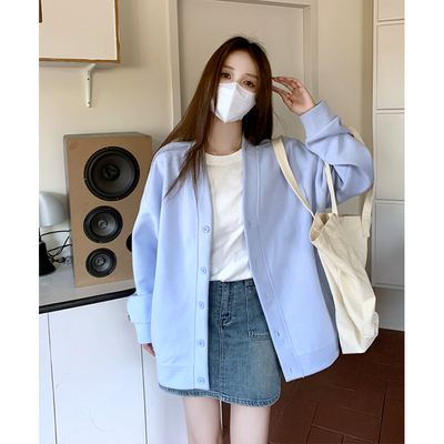 速发新蓝色卫衣开衫外套春秋202奶款over款ize薄s初秋韩系穿搭