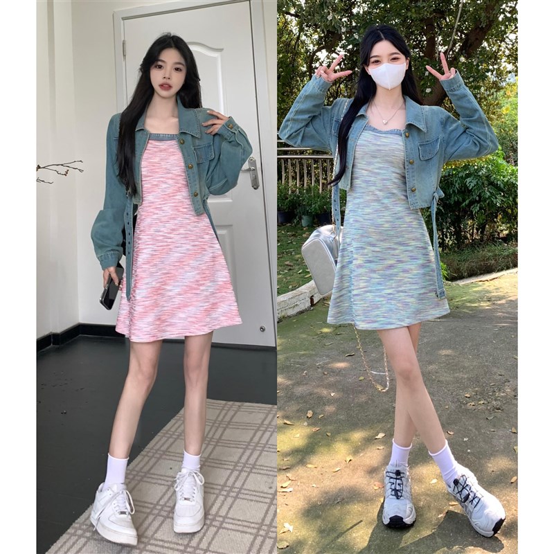 速发大码多巴胺条纹外衣裙夏装纯欲吊带裙设计感短款牛连仔套两件