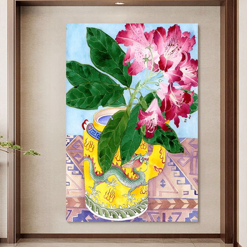 速发新中式青花瓷花卉客厅装饰画抽象瓷器纯手绘油画复古植物玄关图片