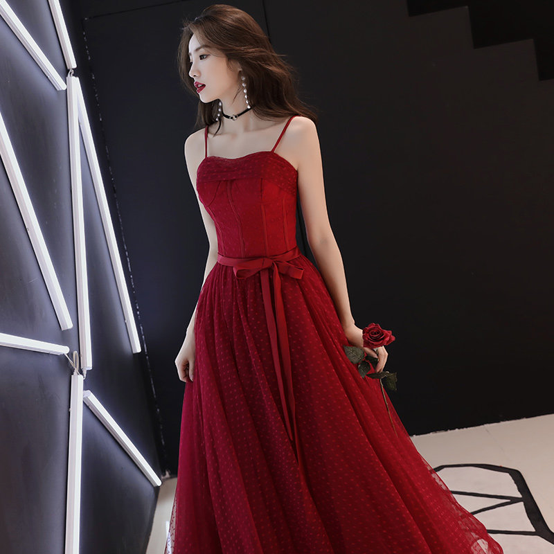 速发敬衣服新娘酒裙色纱裙时尚吊带公主裙主持人订婚连酒红宴会晚
