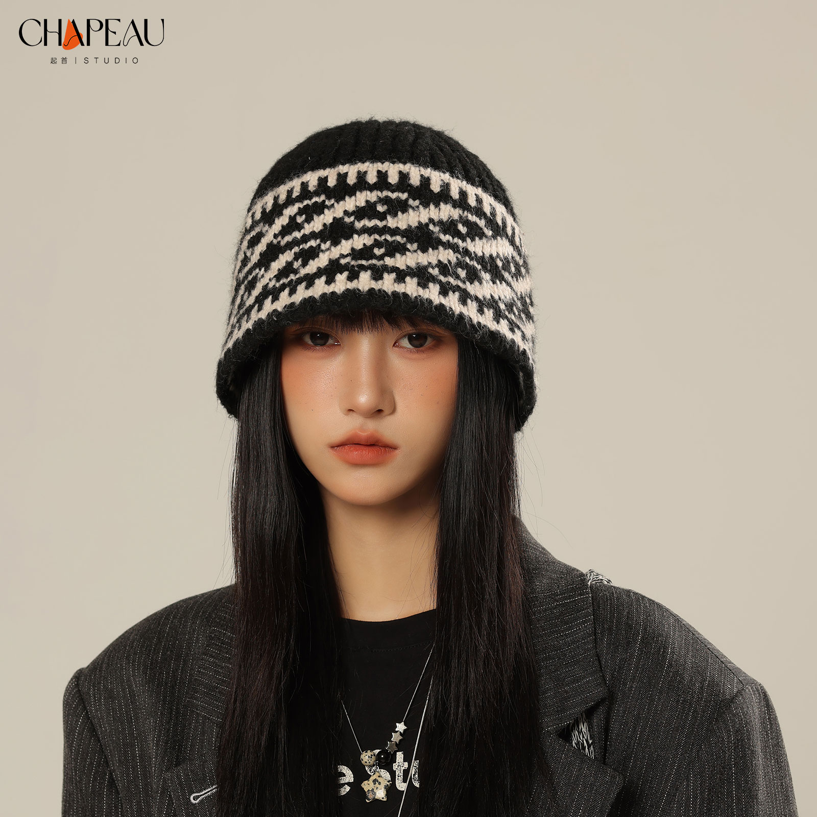 复古菱形格子新款提花针织冷帽