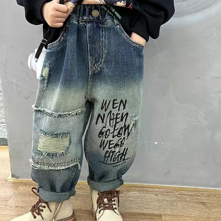 男童破洞牛仔裤春秋款2024新款潮流字母炸街洋气渐变色中小童宽松