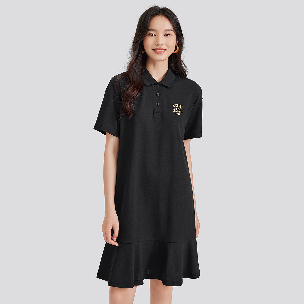 Skechers斯凯奇新款针织POLO连衣裙女夏中长款宽松鱼尾裙L224W056