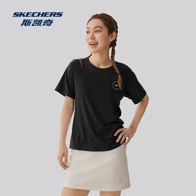 Skechers斯凯奇女子夏季新款纯棉针织短袖透气运动T恤衫L225W276