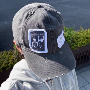 ANTRORSE 乐队做旧破坏贴布印花水洗黑色鸭舌帽原创设计