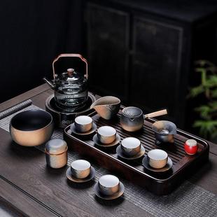 家用新款 整套功夫茶具套装 轻奢高档黑粗陶渐变便携旅行电陶茶盘台