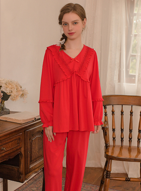 JUEENNIL/郡俪韩版红色睡衣套装女士春秋针织棉长袖休闲家居服