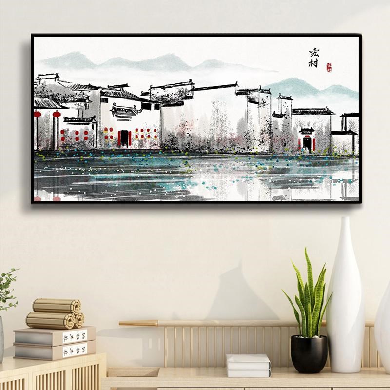 速发中式客厅书房挂画中国画古建筑装景名胜山水水墨画乡风油画村