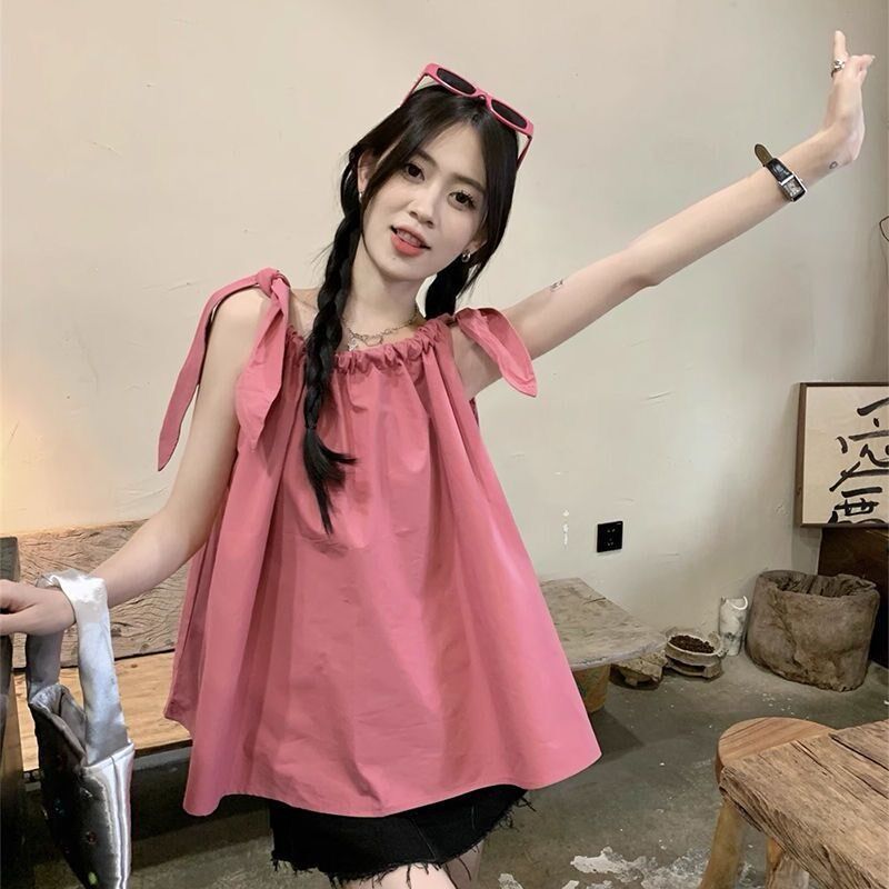 现货速发海边度假一字肩吊带夏设计感宽松气质无袖绑带蓝色上衣