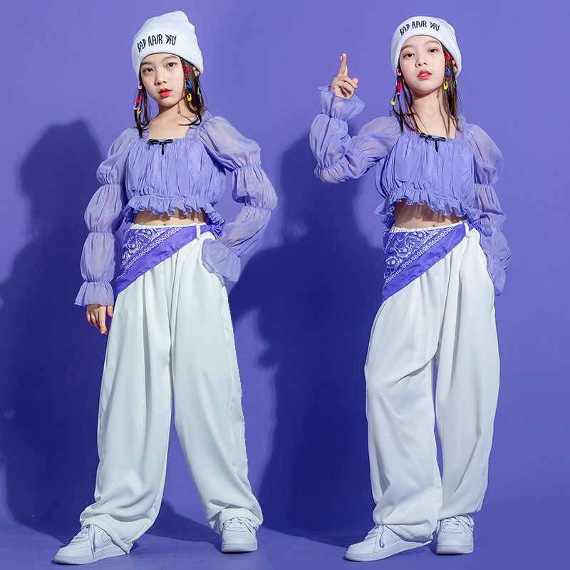 速发童嘻哈白色露脐上衣爵士舞套装儿童演出服幼儿园表演服走秀潮