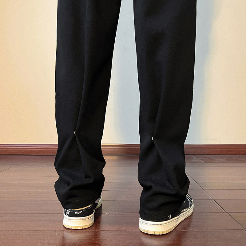 速发褶皱感黑色宽松直v牛风裤男春港仔阔腿休闲长裤子筒ibe风