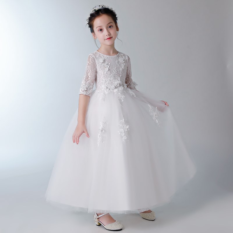 速发白色公主裙生童日儿童主持人礼服小孩花童婚礼钢琴演出服长袖