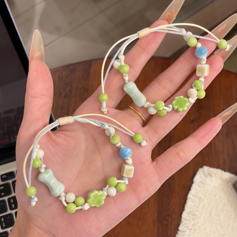 幸运四叶草陶瓷手链女小众高颜值手工编织情侣手绳ins森系可调节
