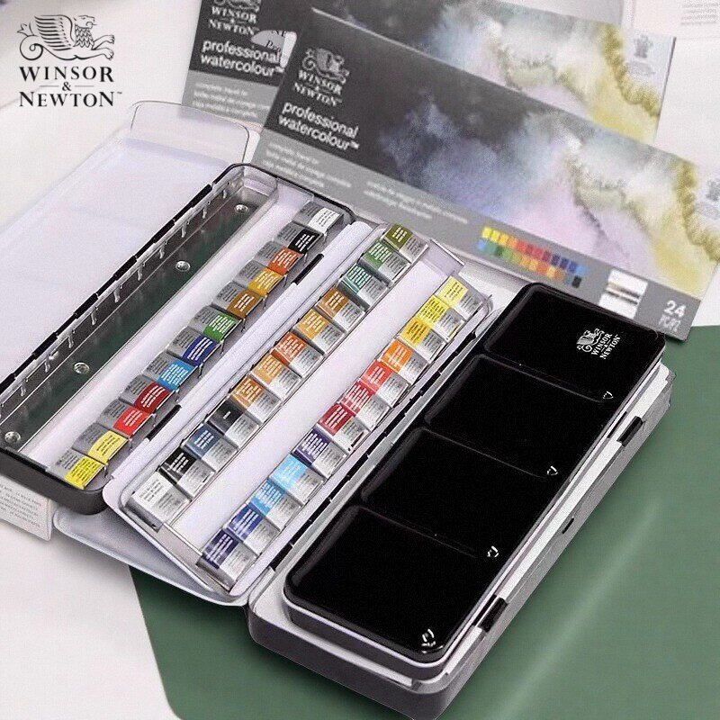 温莎牛顿进口艺术家水彩24色专业级固体水彩画颜料金属搪瓷盒套装