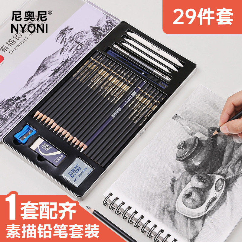 尼奥尼素描套装美术生全套工具炭笔铅笔4B软中硬笔帘铁盒