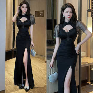 气质新款晚礼服新中式复古旗袍K歌足浴SPA技师工作服性感修身长裙