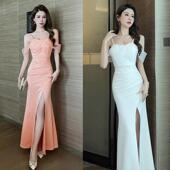 气质名媛酒店公主沐足K歌服技师工作服一字肩晚礼服主持人晚礼服