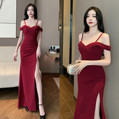高端性感开叉晚礼服时尚 气质显瘦吊带一字肩长裙足浴K歌工衣 修身