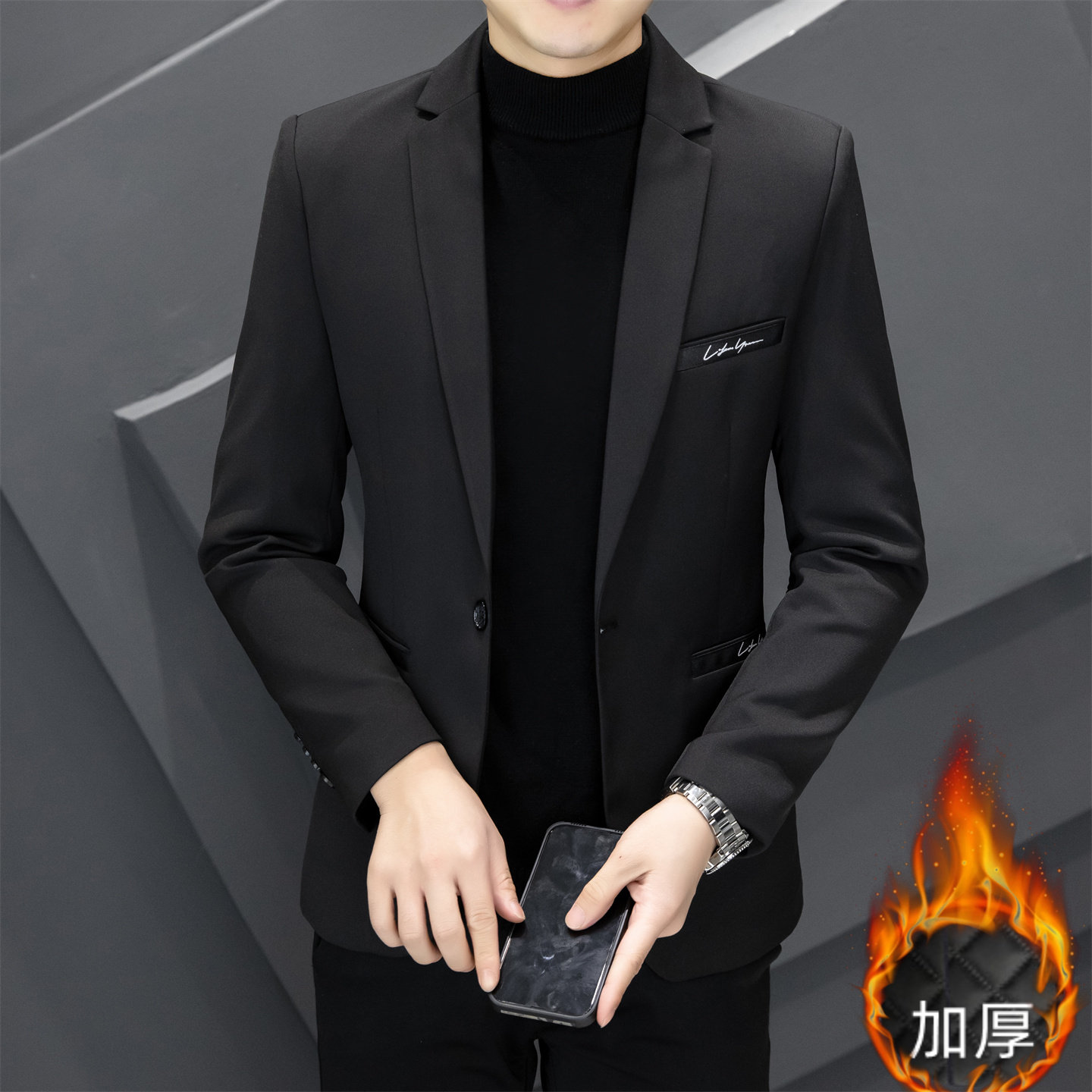 秋冬季男士加厚西装外套男韩版修身商务休闲单西服潮流帅气加大码