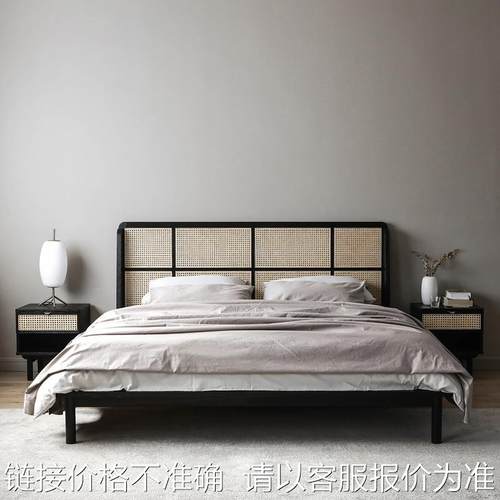 实木双人床黑色北欧双人1.8米床诧寂风主卧简约民宿藤编床简约