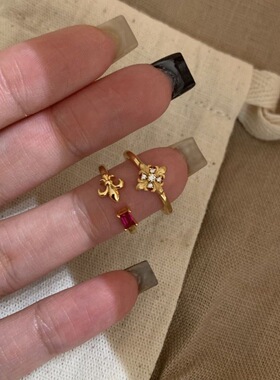 新中式红色鸢尾花戒指女复古宫廷小众设计高级百搭开口指环尾戒潮