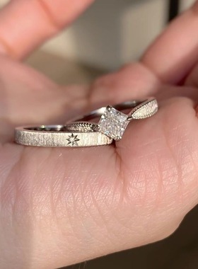 银色拉丝小方钻八芒星戒指女ins小众设计高级感轻奢开口食指戒