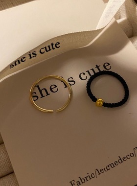 新款两件套幸运珠素圈戒指女小众设计可调节尾戒简约冷淡风食指戒