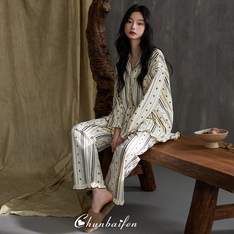 淳佰芬睡衣女春秋冬款纯棉长袖条纹花边翻领高级感轻奢家居服套装