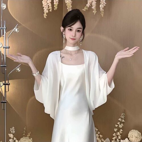 夏天新款中式清冷感百搭薄纱开衫衣女吊带裙子薄纱外带衫披肩