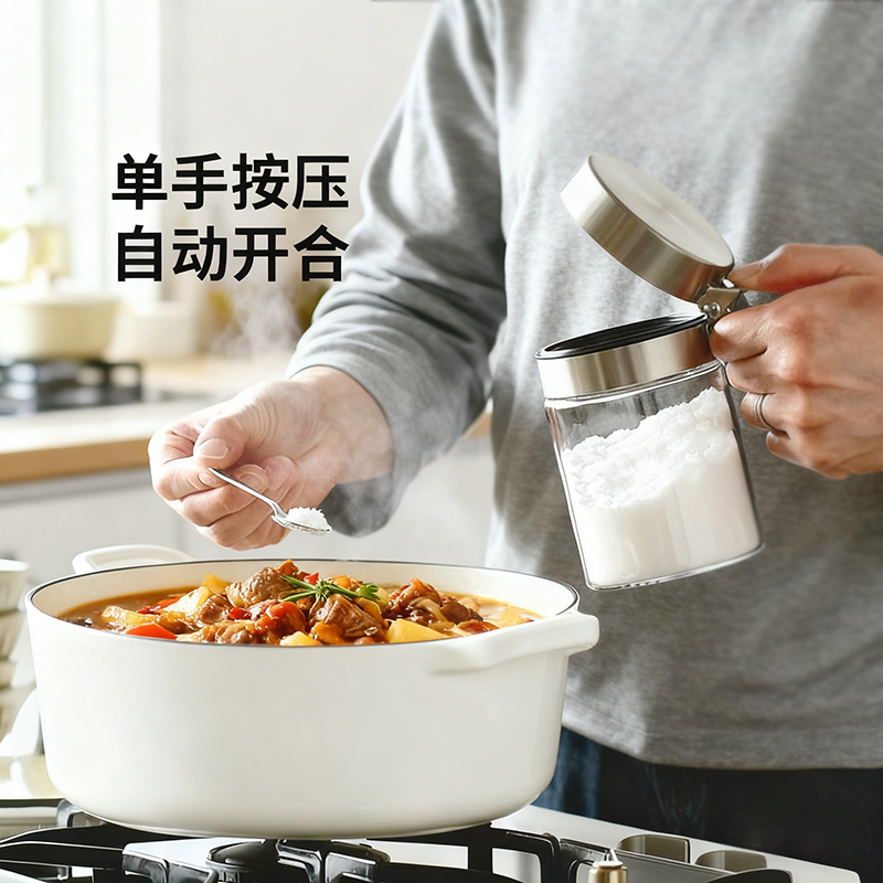 新款玻璃调料罐厨房家用调料收纳盒分装瓶盐罐子不锈钢高端调料瓶