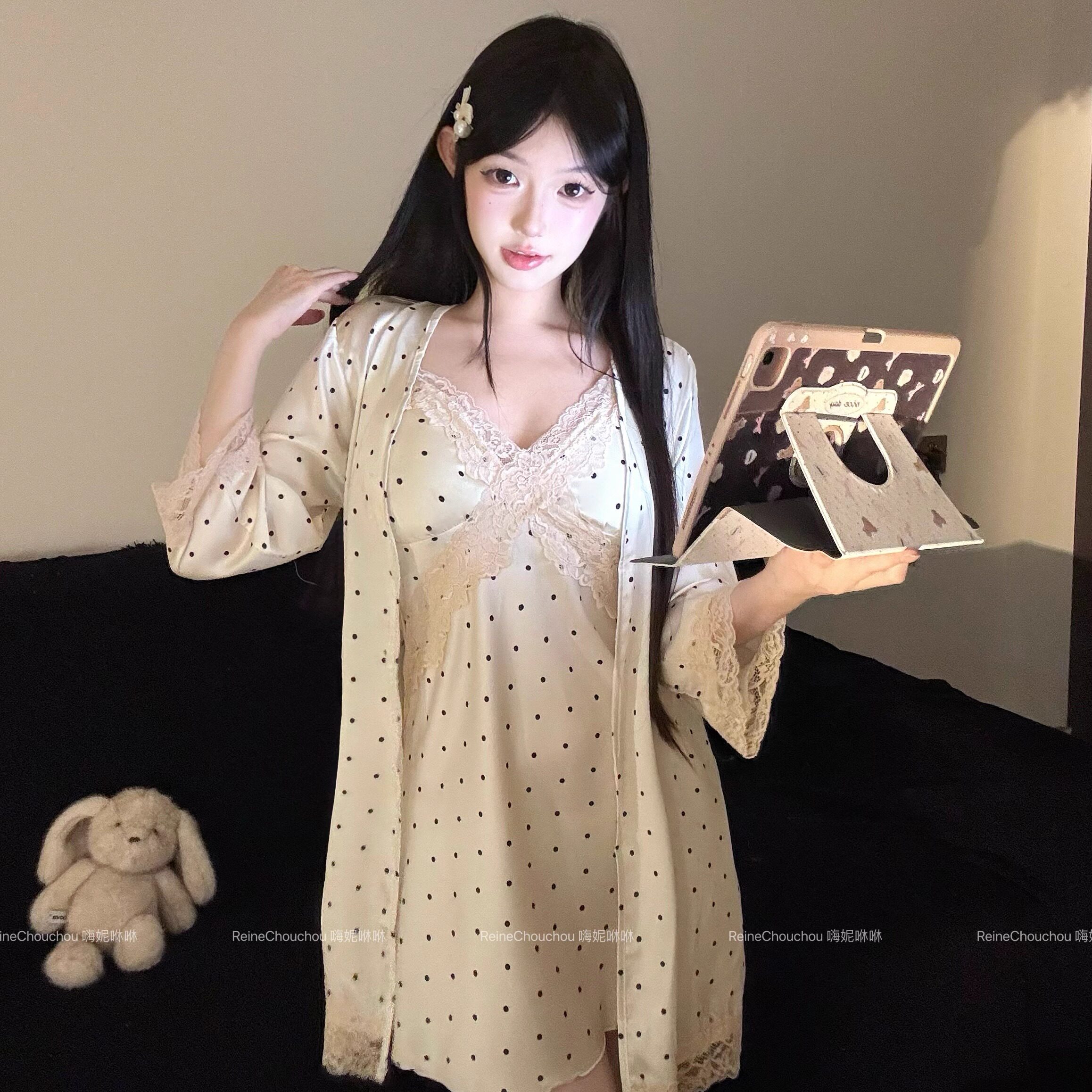 嗨妮咻咻「矜贵美人」法式波点睡裙女带胸垫性感缎面睡衣家居服秋,女士内衣/男士内衣/家居服,睡裙,淘宝优惠券,粉丝福利购,淘宝优惠卷