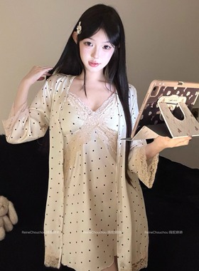 嗨妮咻咻「矜贵美人」法式波点睡裙女带胸垫性感缎面睡衣家居服秋