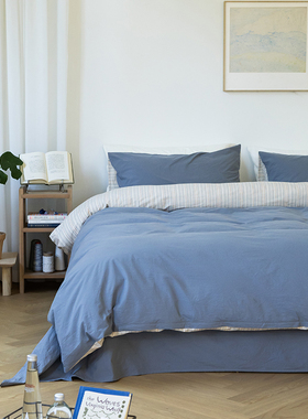 当夏四件套 Refresh芮夫 四季纯棉裸睡色织条纹蓝色清新原创设计