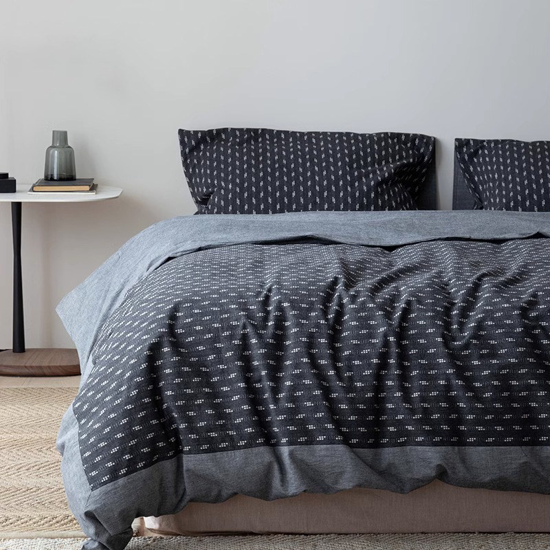 芮夫棉麻全棉四件套复古黑简约