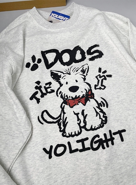 潦草小狗情侣装连帽衫复古白灰色男女秋冬宽松套头圆领卫衣外套